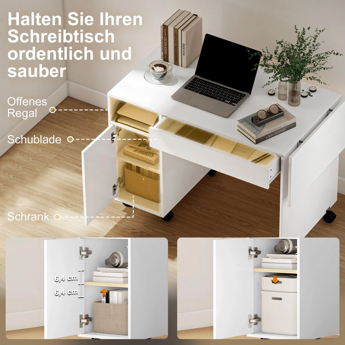 HOMCOM Bureau sur roulettes avec tiroir 140x53x75 cm Blanc