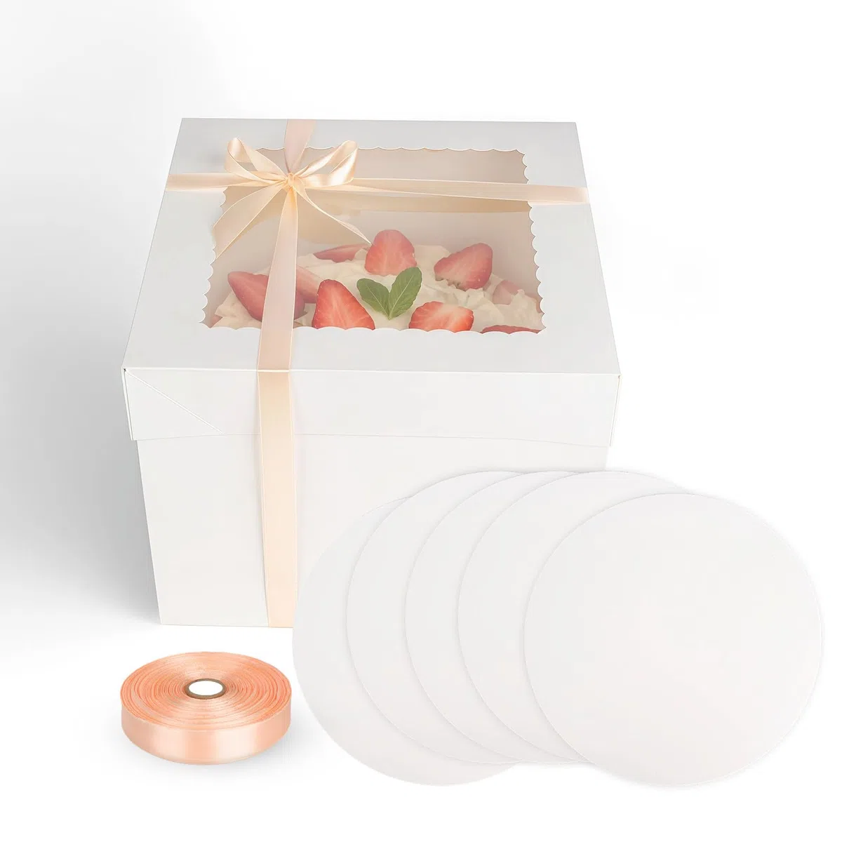 5 Pièces Boite a Gateau, avec Fenêtre et 5 Planches Rondes, 25x25cm Boite Gateau en Carton, Boite Layer Cake avec Ruban, Blanc Boite Transport Gateau Carrée avec Couvercles