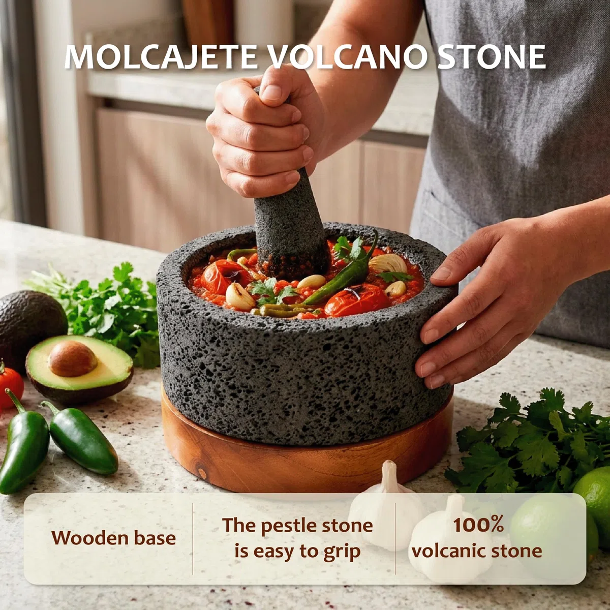 YO PIDO Molcajete 20,3 cm avec support en bois ; mortier à épices ; fabriqué avec de la pierre volcanique ; Molcajete fait à la main au Mexique ; machine à guacamole et à salsa ; comprend un pilon