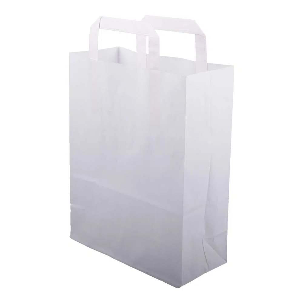 Lot de 500 sacs en papier - 260 + 170 x 250 mm - Blanc - Avec poignée plate