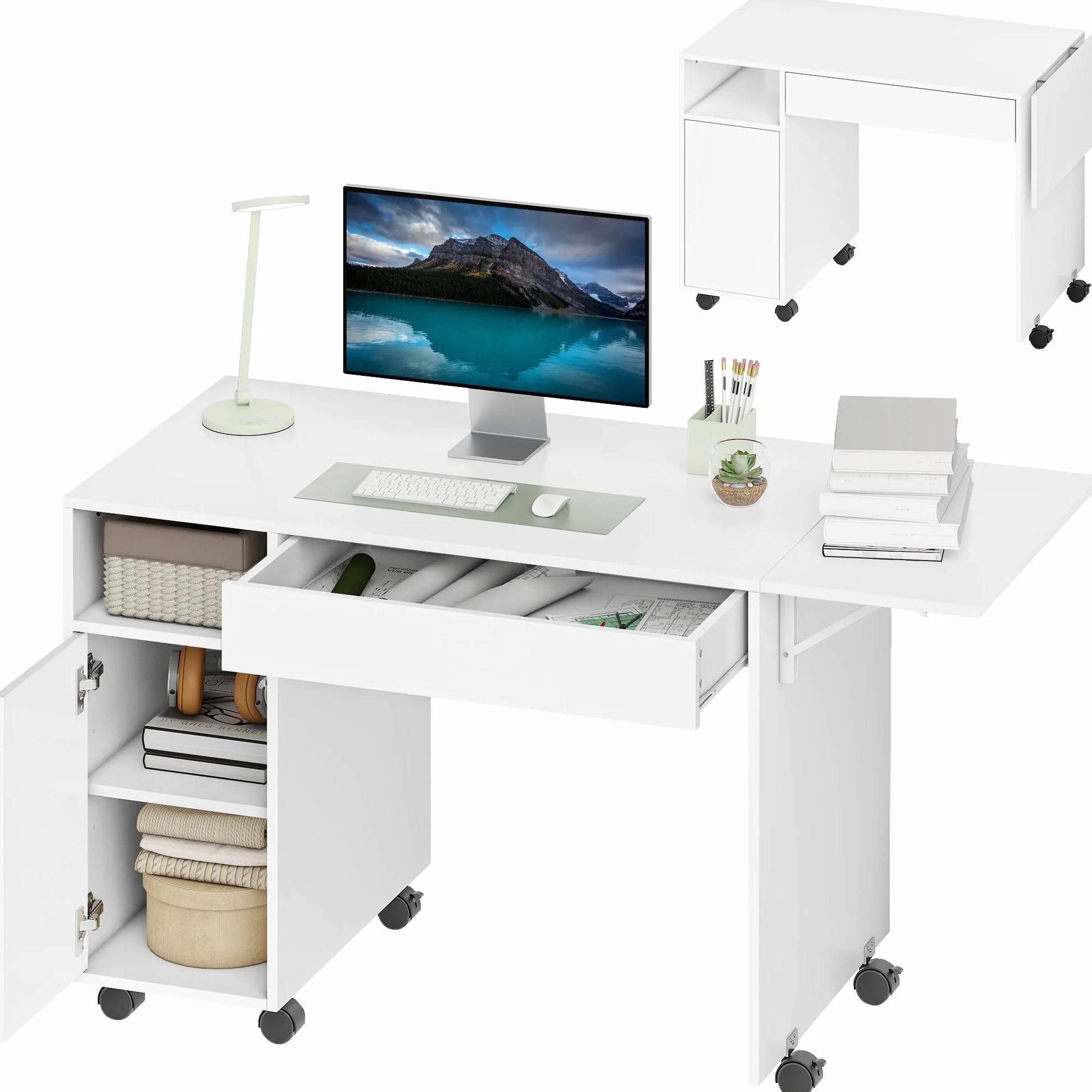 HOMCOM Bureau sur roulettes avec tiroir 140x53x75 cm Blanc