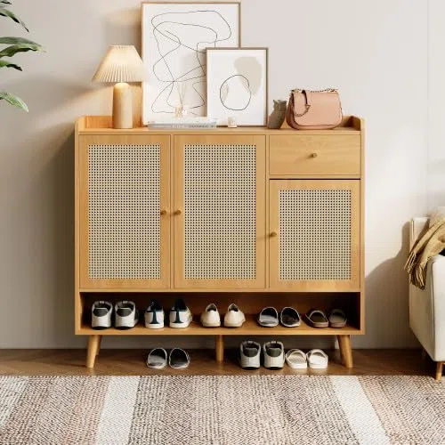 Armoire à Chaussures en Rotin, 3 Portes, 1 Tiroir, Naturel