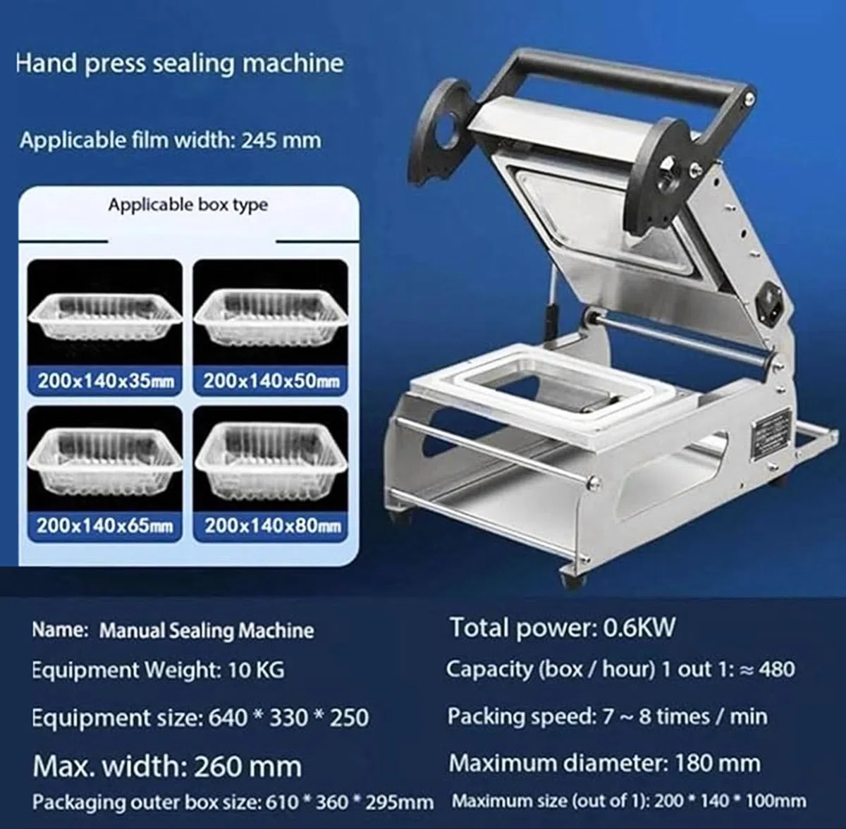 Scellant de plateau alimentaire commercial, 600 W à pression manuelle pour supermarchés, largeur de film de 180 mm, solution d'emballage efficace, 20 x 14 x 8 cm