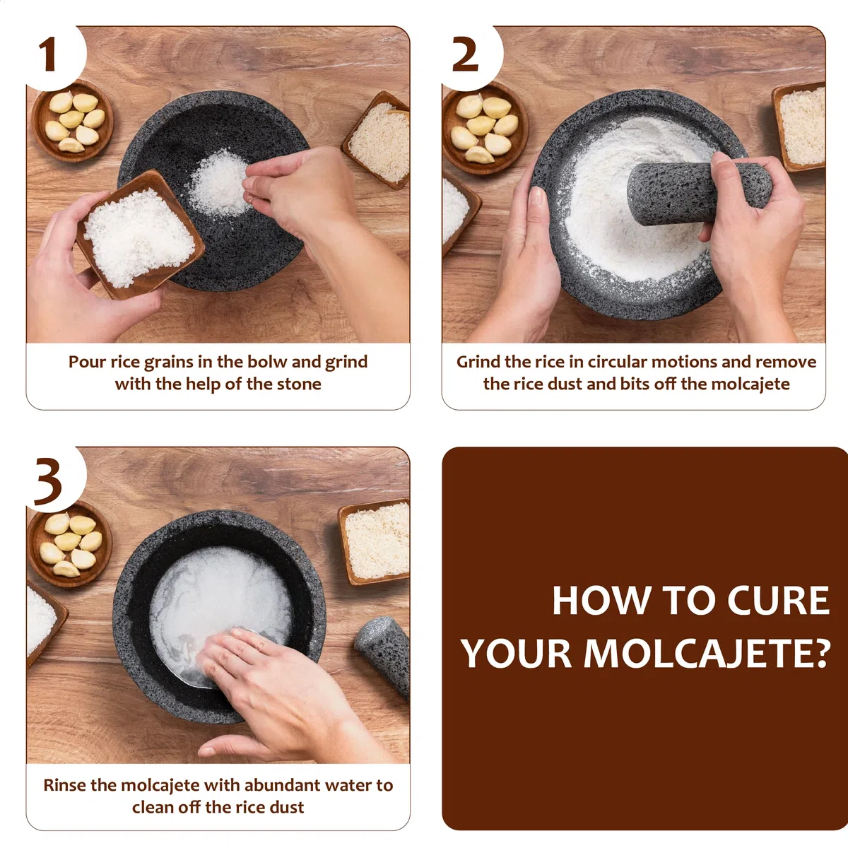 YO PIDO Molcajete 20,3 cm avec support en bois ; mortier à épices ; fabriqué avec de la pierre volcanique ; Molcajete fait à la main au Mexique ; machine à guacamole et à salsa ; comprend un pilon
