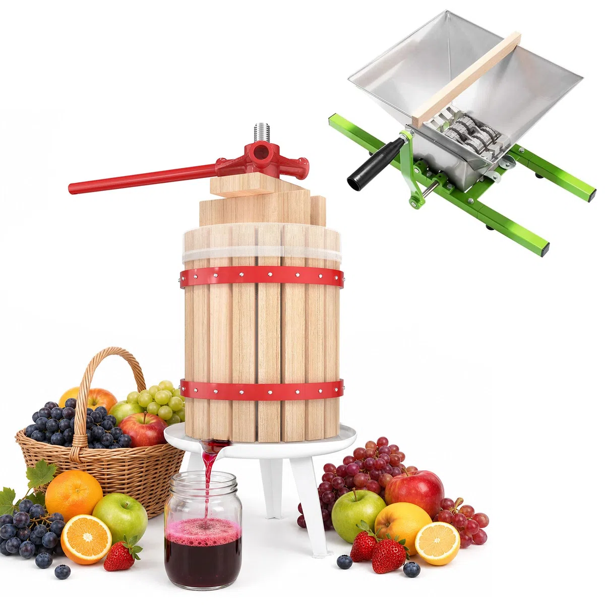 UISEBRT Moulin à fruits, presse-pomme et 18 l - Presse-fruits mécanique avec chiffon de pressage - 7 l