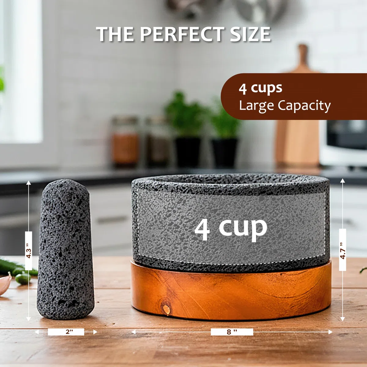 YO PIDO Molcajete 20,3 cm avec support en bois ; mortier à épices ; fabriqué avec de la pierre volcanique ; Molcajete fait à la main au Mexique ; machine à guacamole et à salsa ; comprend un pilon