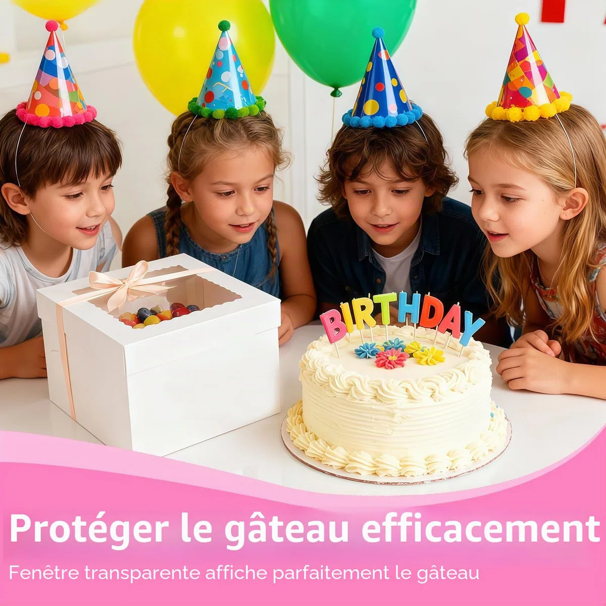 5 Pièces Boite a Gateau, avec Fenêtre et 5 Planches Rondes, 25x25cm Boite Gateau en Carton, Boite Layer Cake avec Ruban, Blanc Boite Transport Gateau Carrée avec Couvercles