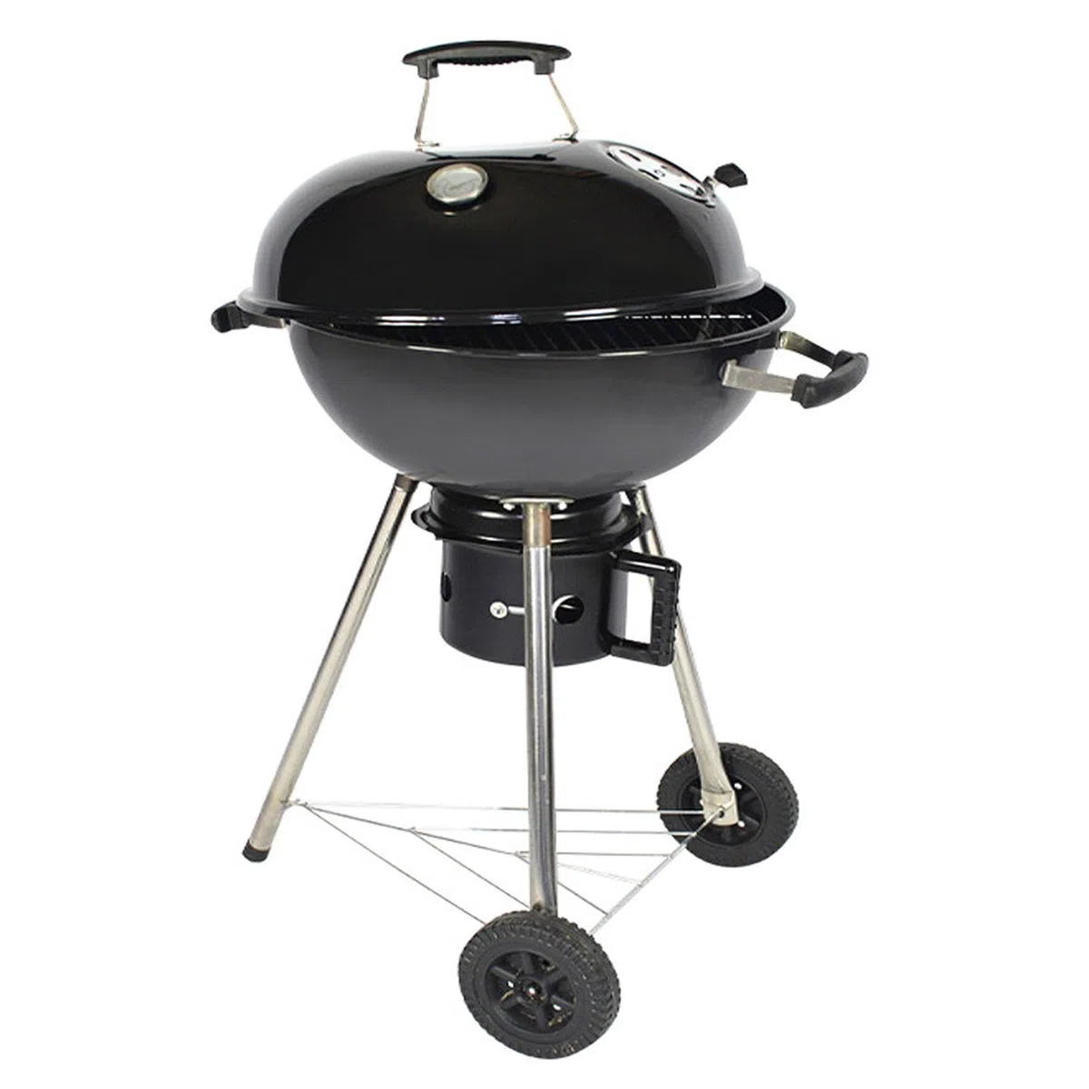 Barbecue au charbon bois, Barbecue portable 47cm avec couvercle, Gril chromé avec support et 2 roues, Four d'extérieur autoportant, Ventilation réglable, pour le pique-nique, le jardin, le camping