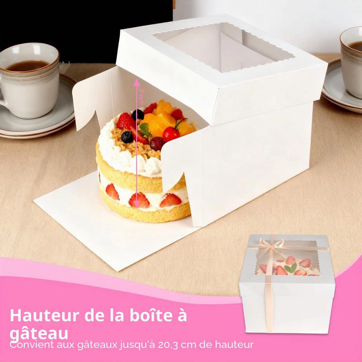 5 Pièces Boite a Gateau, avec Fenêtre et 5 Planches Rondes, 25x25cm Boite Gateau en Carton, Boite Layer Cake avec Ruban, Blanc Boite Transport Gateau Carrée avec Couvercles