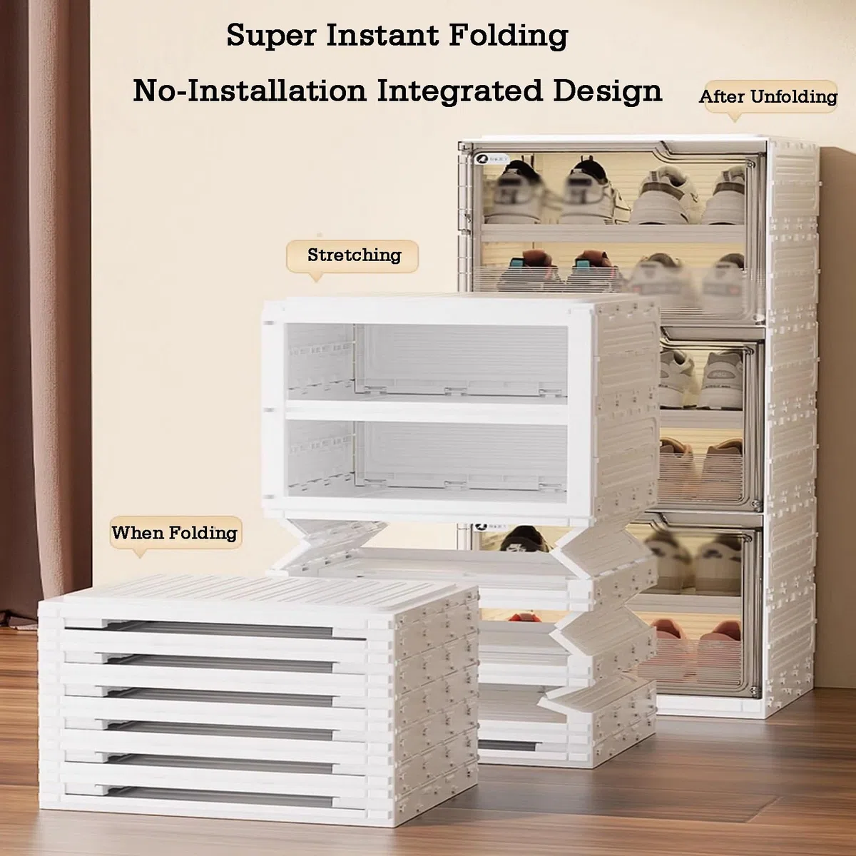 Étagère à chaussures pliable à 10 niveaux avec boîtes transparentes – Design peu encombrant, assemblage facile, parfait pour les solutions de rangement d'entrée et de chambre à coucher