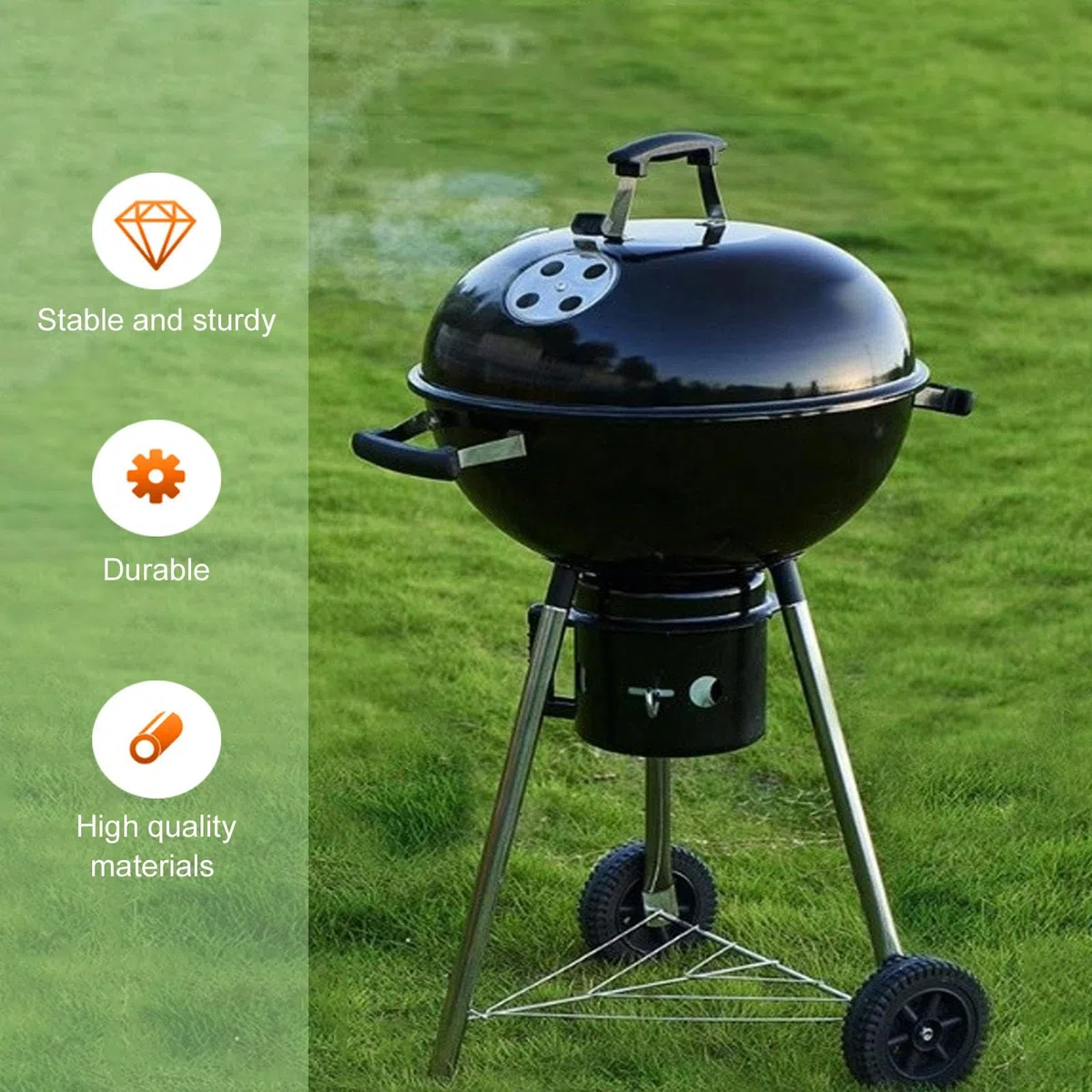 Barbecue au charbon bois, Barbecue portable 47cm avec couvercle, Gril chromé avec support et 2 roues, Four d'extérieur autoportant, Ventilation réglable, pour le pique-nique, le jardin, le camping