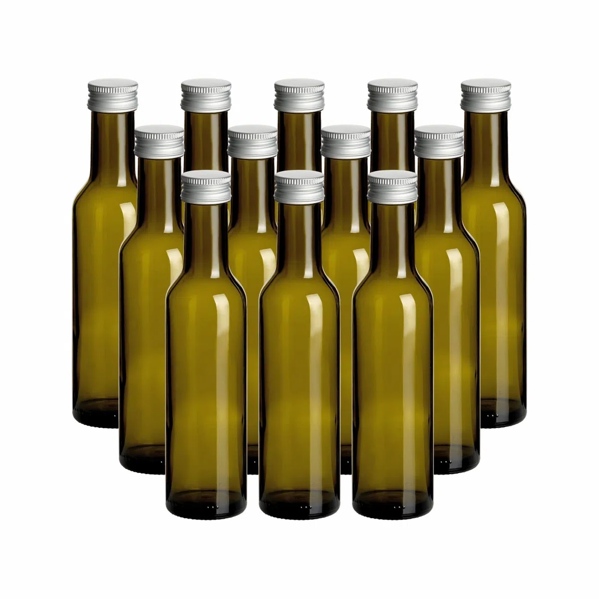 gouveo Lot de 12 bouteilles en verre 250 ml César Antique avec bouchon à vis argenté - Bouteille vide 0,25 l avec couvercle pour liqueur, huile, vinaigre - Bouteille colorée à remplir (CAF250S)