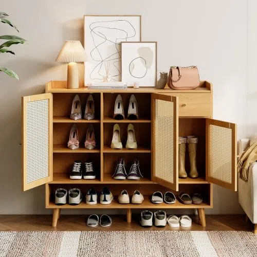 Armoire à Chaussures en Rotin, 3 Portes, 1 Tiroir, Naturel