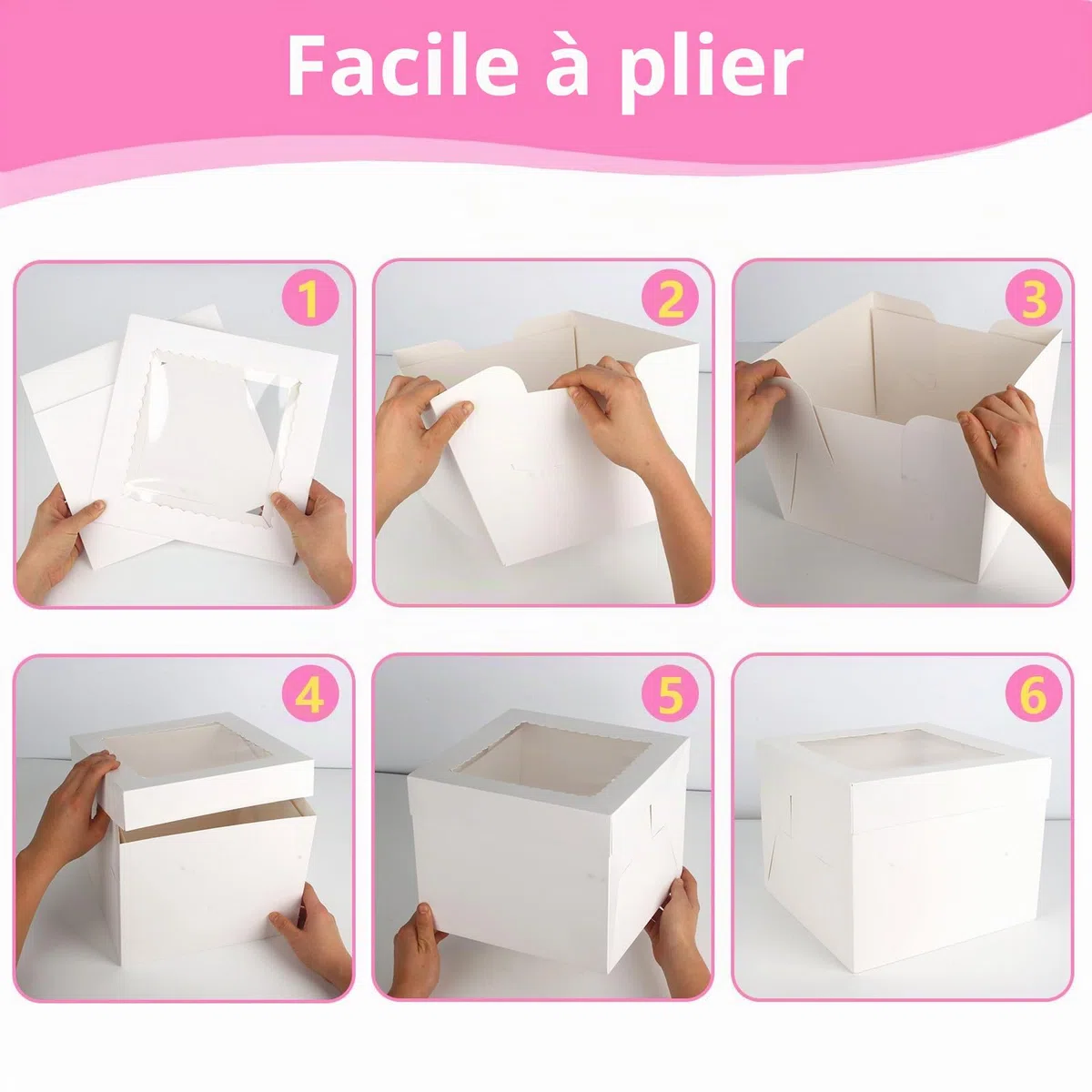 5 Pièces Boite a Gateau, avec Fenêtre et 5 Planches Rondes, 25x25cm Boite Gateau en Carton, Boite Layer Cake avec Ruban, Blanc Boite Transport Gateau Carrée avec Couvercles