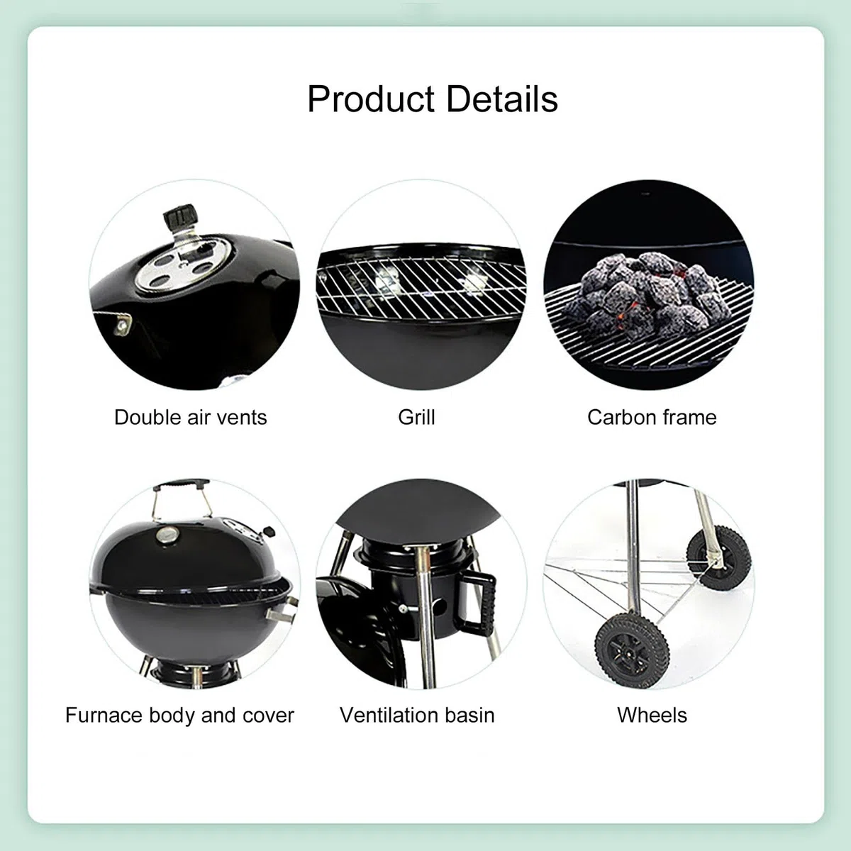 Barbecue au charbon bois, Barbecue portable 47cm avec couvercle, Gril chromé avec support et 2 roues, Four d'extérieur autoportant, Ventilation réglable, pour le pique-nique, le jardin, le camping