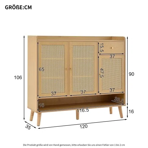 Armoire à Chaussures en Rotin, 3 Portes, 1 Tiroir, Naturel