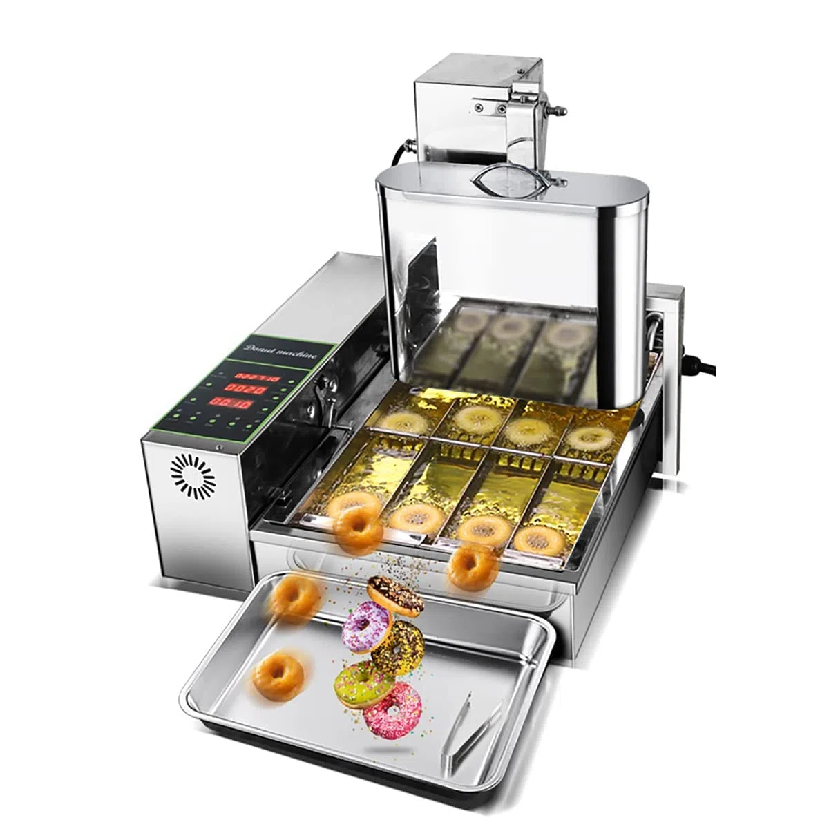 Friteuse à beignets automatique professionnelle, à 4 rangées avec trémie de 5,5 l, panneau de commande intelligent, épaisseur réglable, acier inoxydable 304
