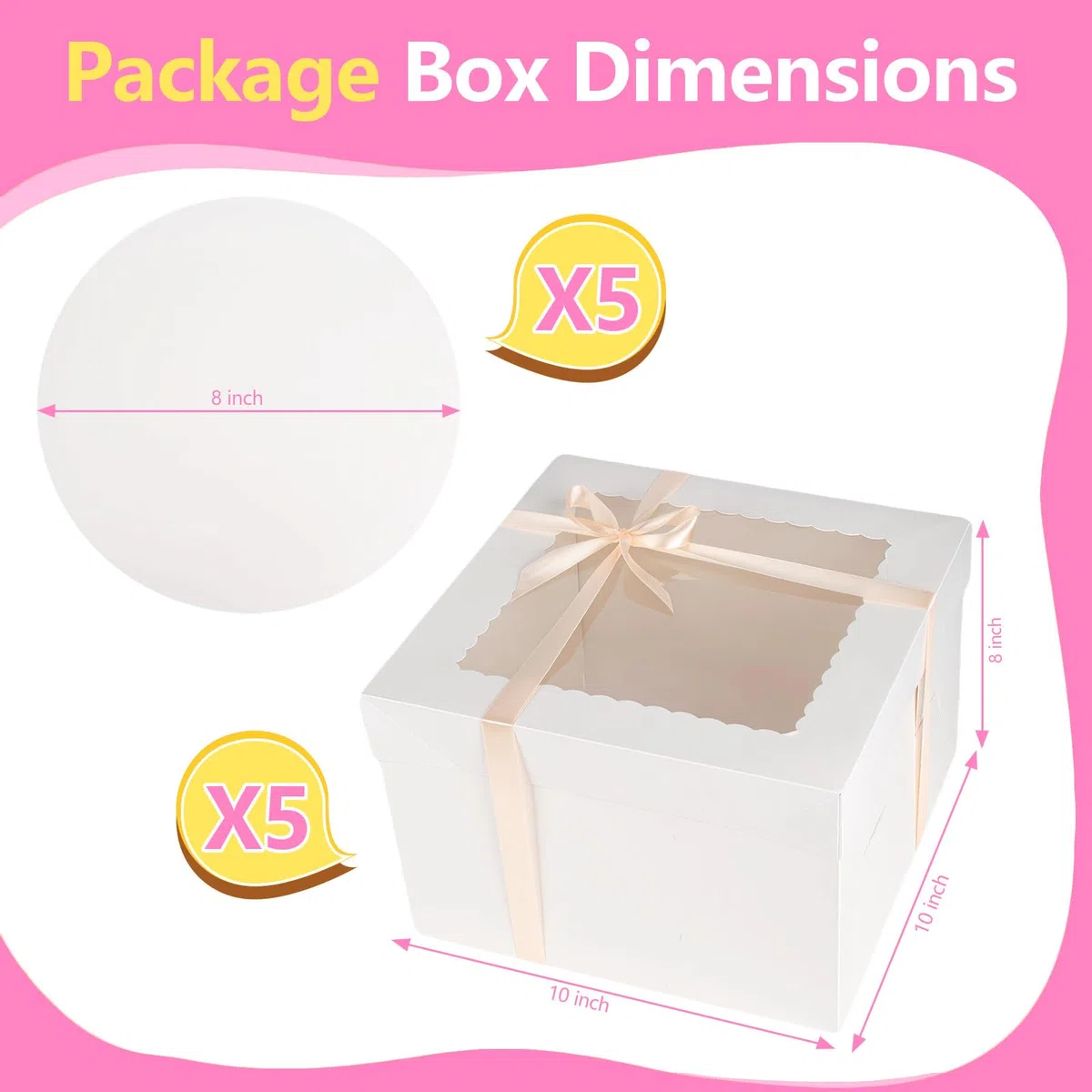 5 Pièces Boite a Gateau, avec Fenêtre et 5 Planches Rondes, 25x25cm Boite Gateau en Carton, Boite Layer Cake avec Ruban, Blanc Boite Transport Gateau Carrée avec Couvercles