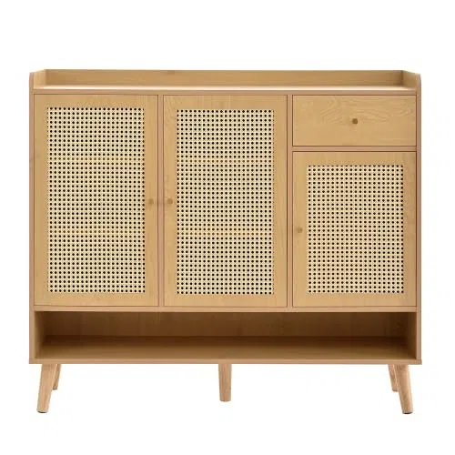 Armoire à Chaussures en Rotin, 3 Portes, 1 Tiroir, Naturel