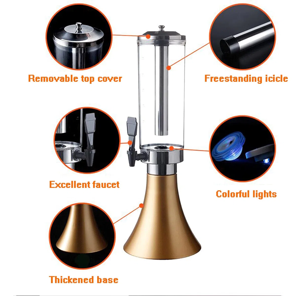 Distributeur Boissons 3 L, Distributeur bière Transparent avec Tube à Glace Amovible Acier Inoxydable et lumières LED pour Bar, Maison, fêtes, Buffet, Restaurant pour fêtes