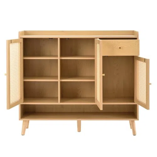 Armoire à Chaussures en Rotin, 3 Portes, 1 Tiroir, Naturel