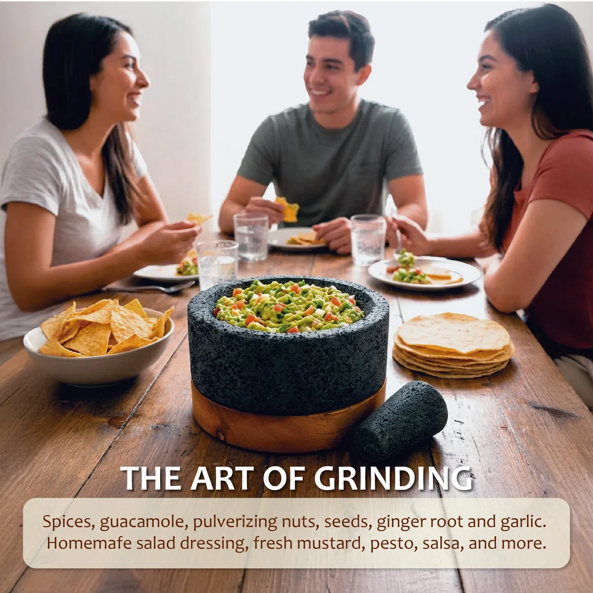 YO PIDO Molcajete 20,3 cm avec support en bois ; mortier à épices ; fabriqué avec de la pierre volcanique ; Molcajete fait à la main au Mexique ; machine à guacamole et à salsa ; comprend un pilon