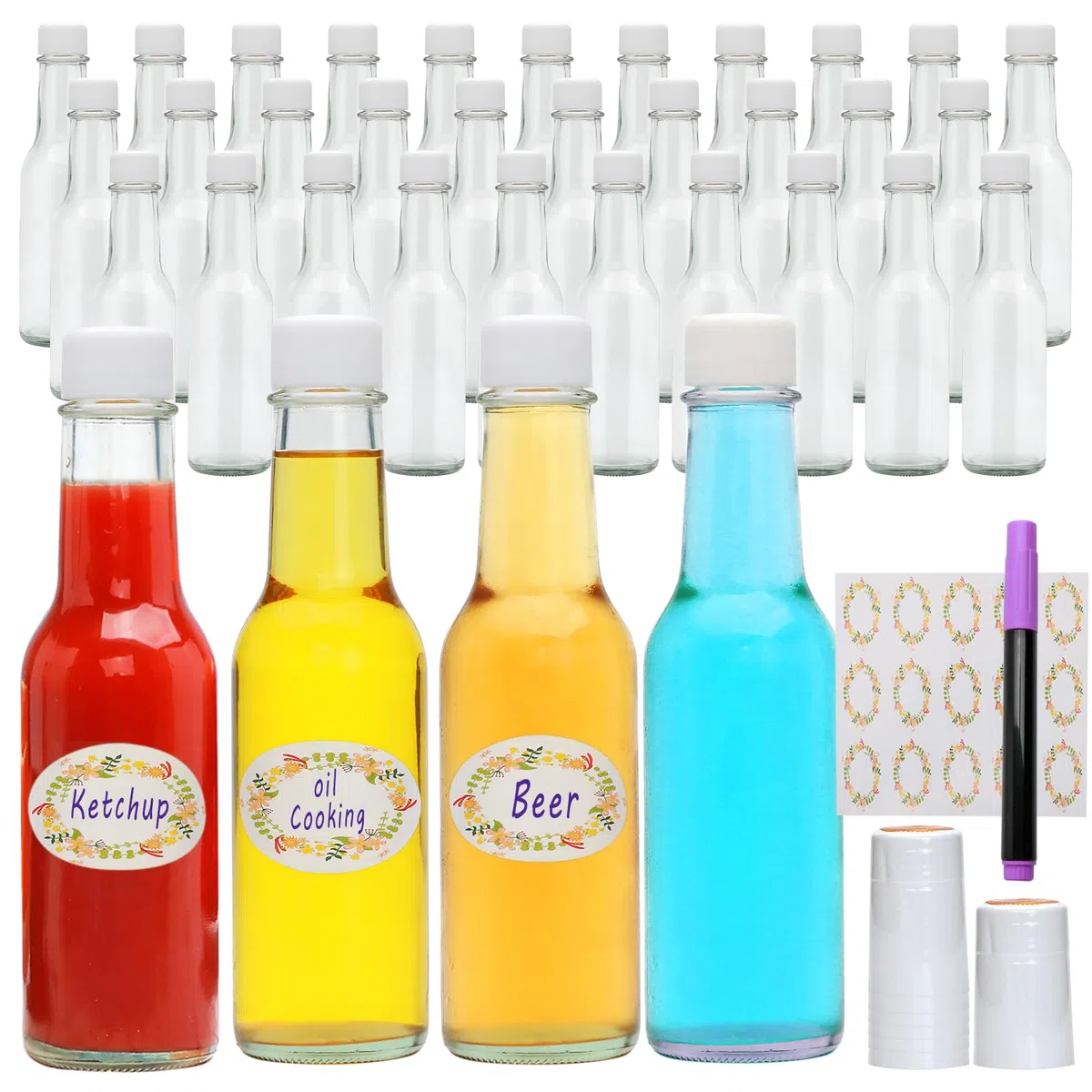 Woozy Lot de 35 bouteilles de sauce chaude en verre avec couvercle blanc, couvercle à vis anti-fuite, pour huile, vodka, sauce, ketchup, tabasco, miel, 150 ml