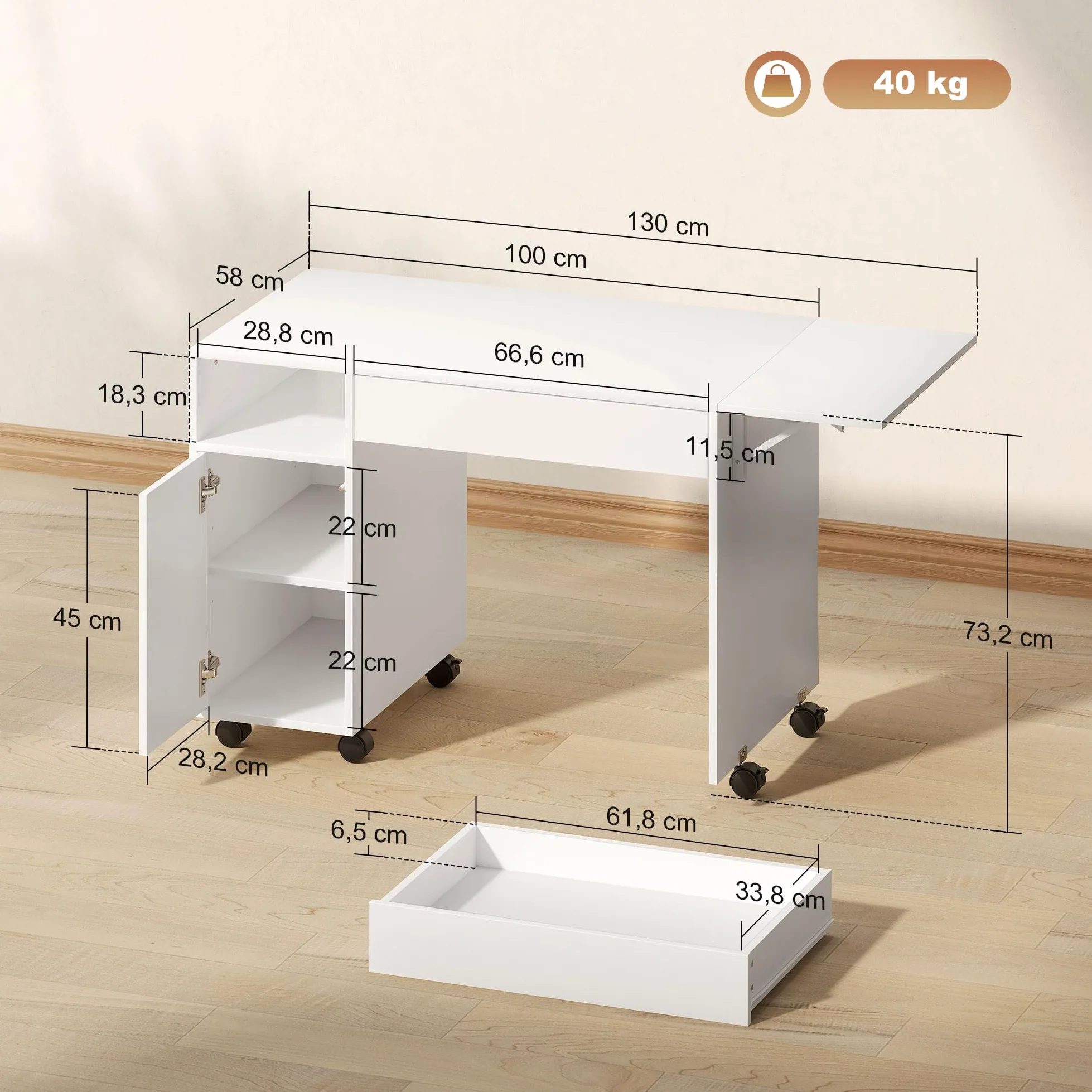 HOMCOM Bureau sur roulettes avec tiroir 140x53x75 cm Blanc