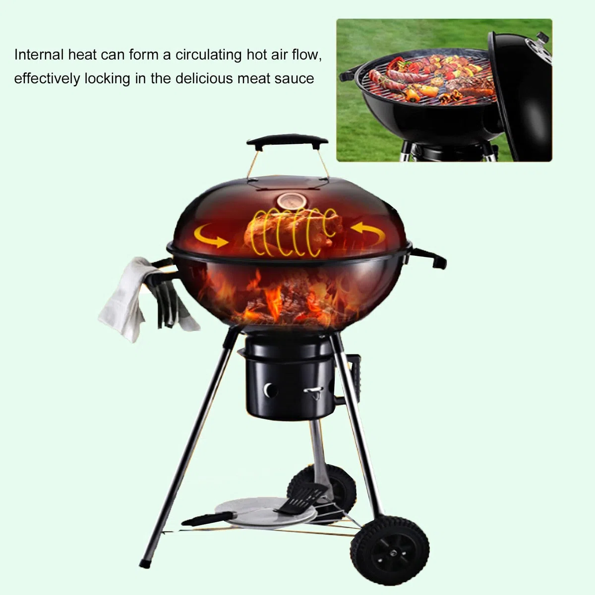 Barbecue au charbon bois, Barbecue portable 47cm avec couvercle, Gril chromé avec support et 2 roues, Four d'extérieur autoportant, Ventilation réglable, pour le pique-nique, le jardin, le camping