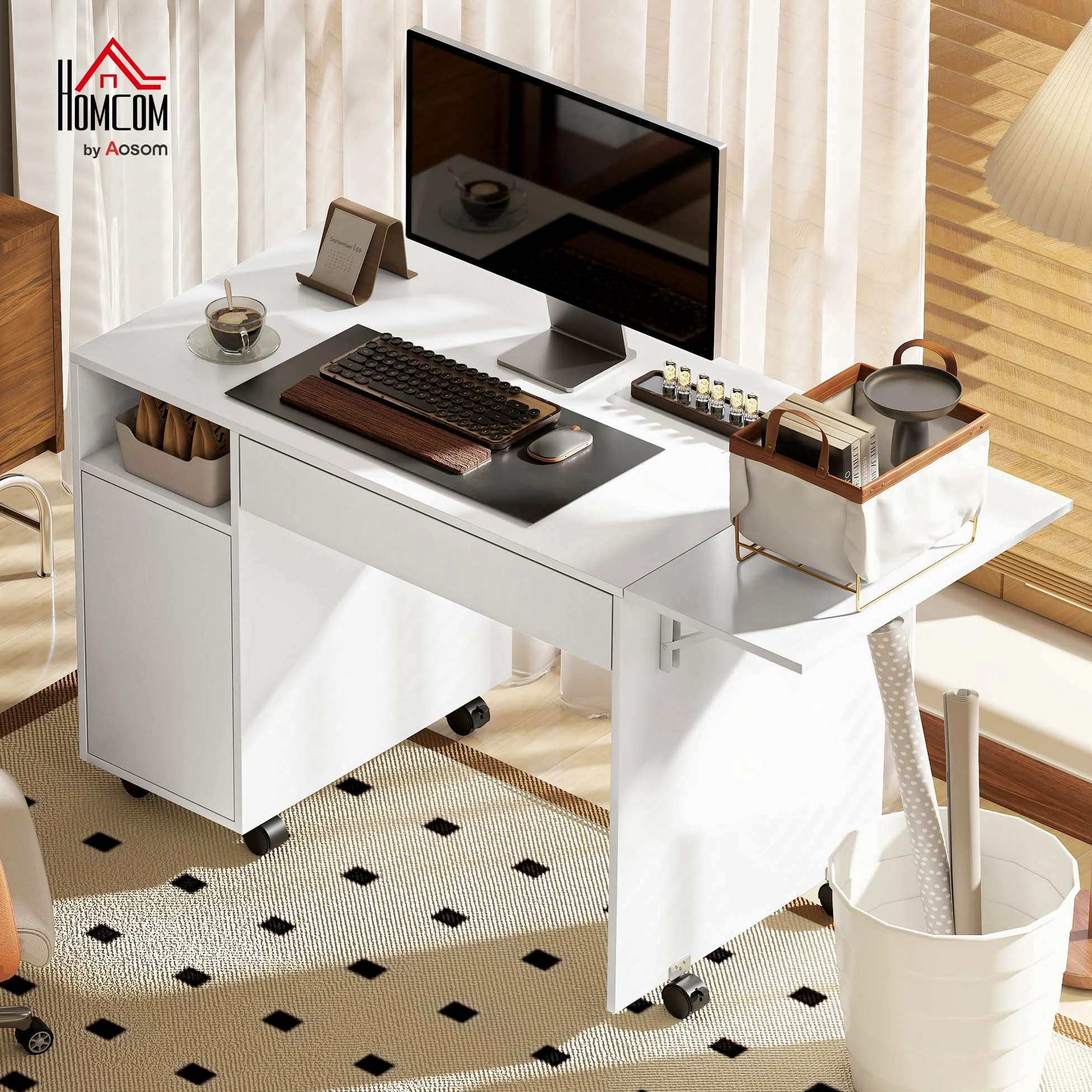 HOMCOM Bureau sur roulettes avec tiroir 140x53x75 cm Blanc